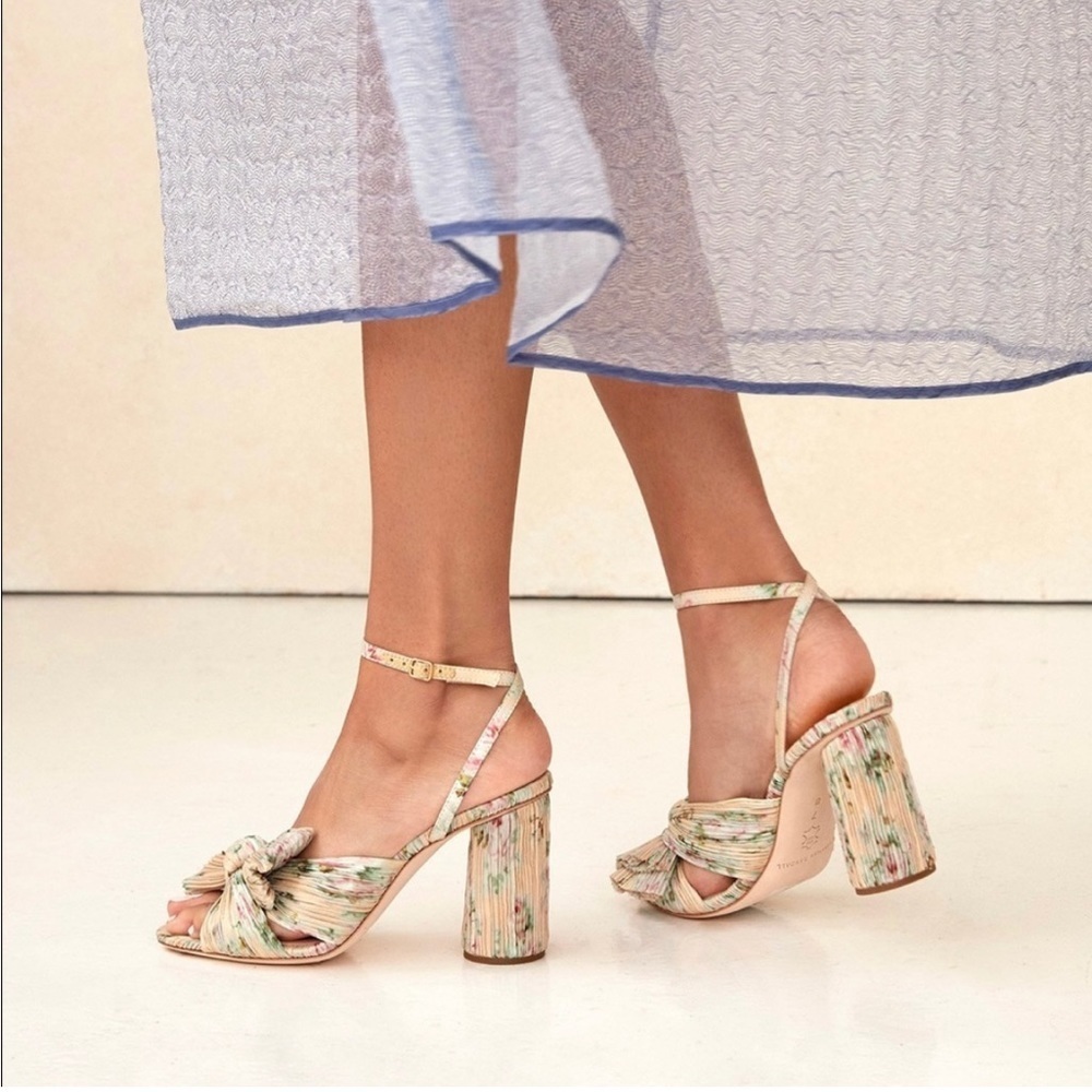 Loeffler Randall Camellia Pleated Bow Heels Ankle Strap Cream Floral 5.5